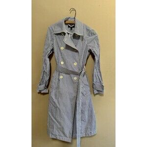 J Crew Womens Blue Striped Double-Breasted Cotton Trench‎ Coat Pockets Size 2